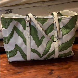 Coach Green and White Zebra Print Tote